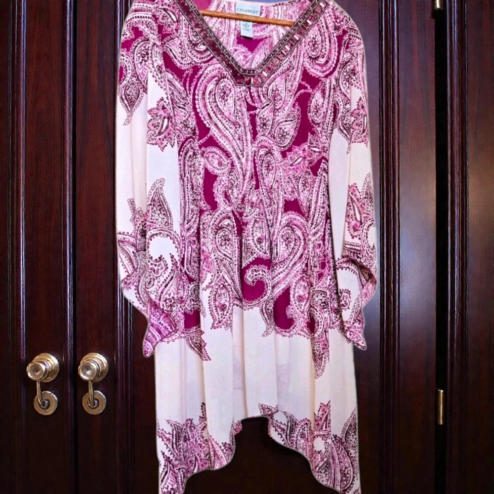 Catherines Long Tunic Top Mauve Paisly Wide Sleeve Asymmetrical Beaded 18/20